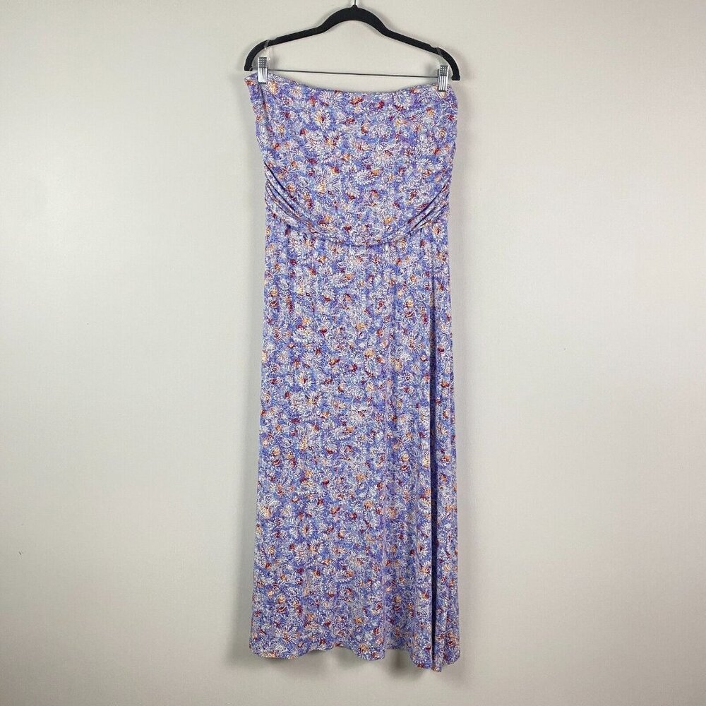 J Jill Strapless Knit Maxi Dress Size Large Blue Purple Floral Stretch